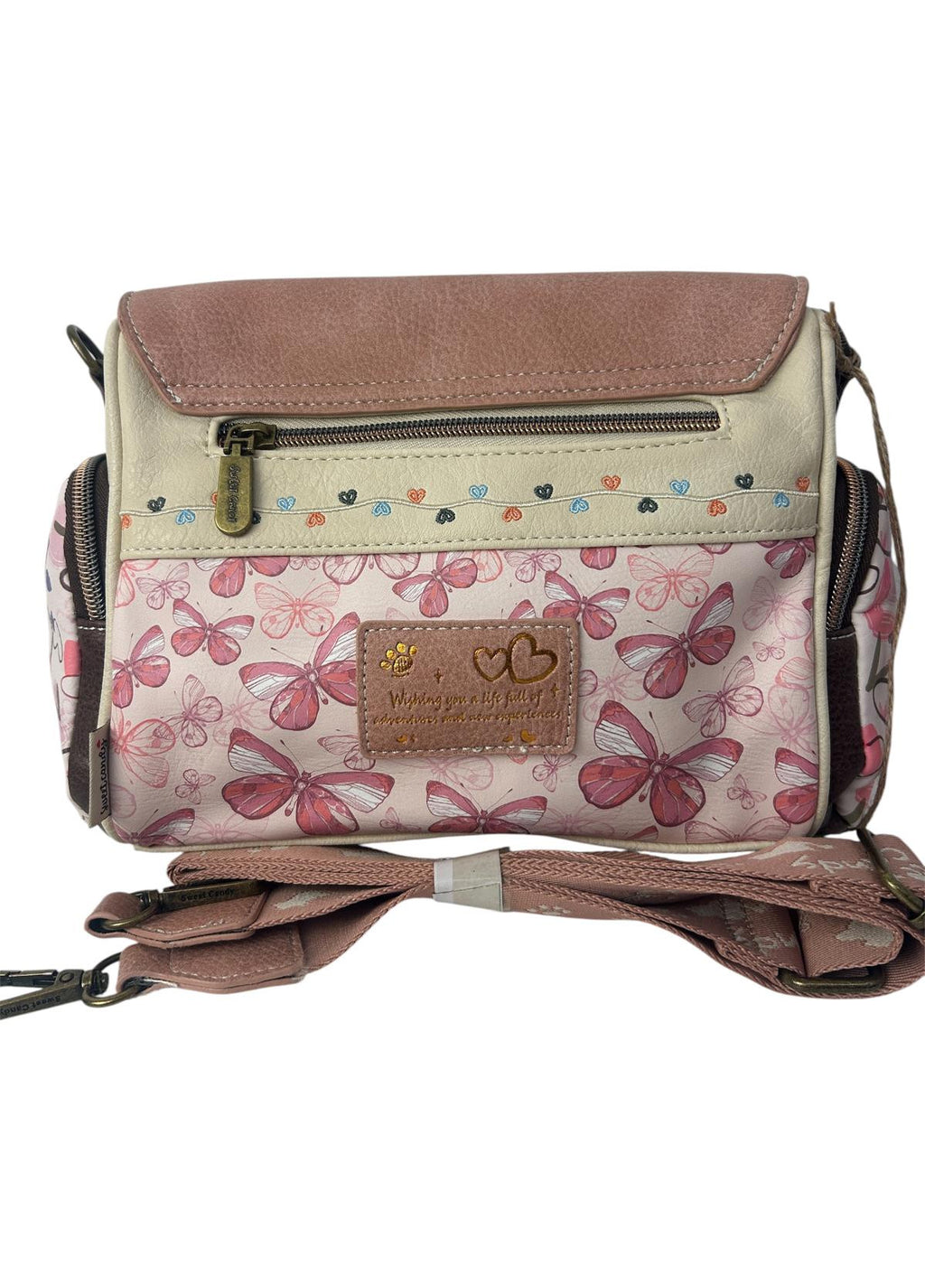 Geanta crossbody cu 3 buzunare exterioare cu fermoar.