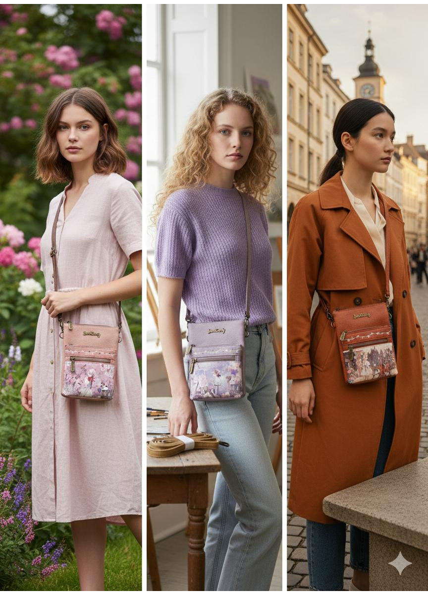 Geanta crossbody cu 2 buzunare frontale cu fermoar.
