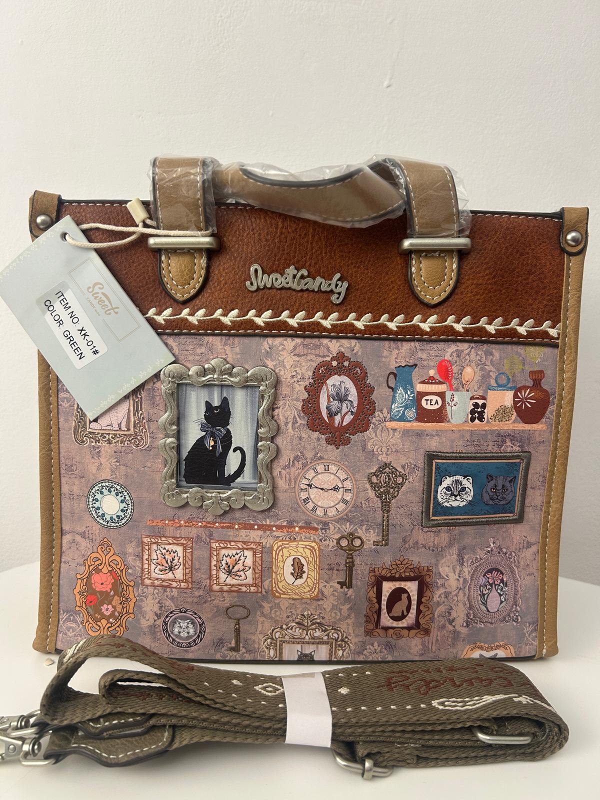 Geantă de cumpărături sintetică cu design dulce cu pisici bombonoase și buzunar la spate