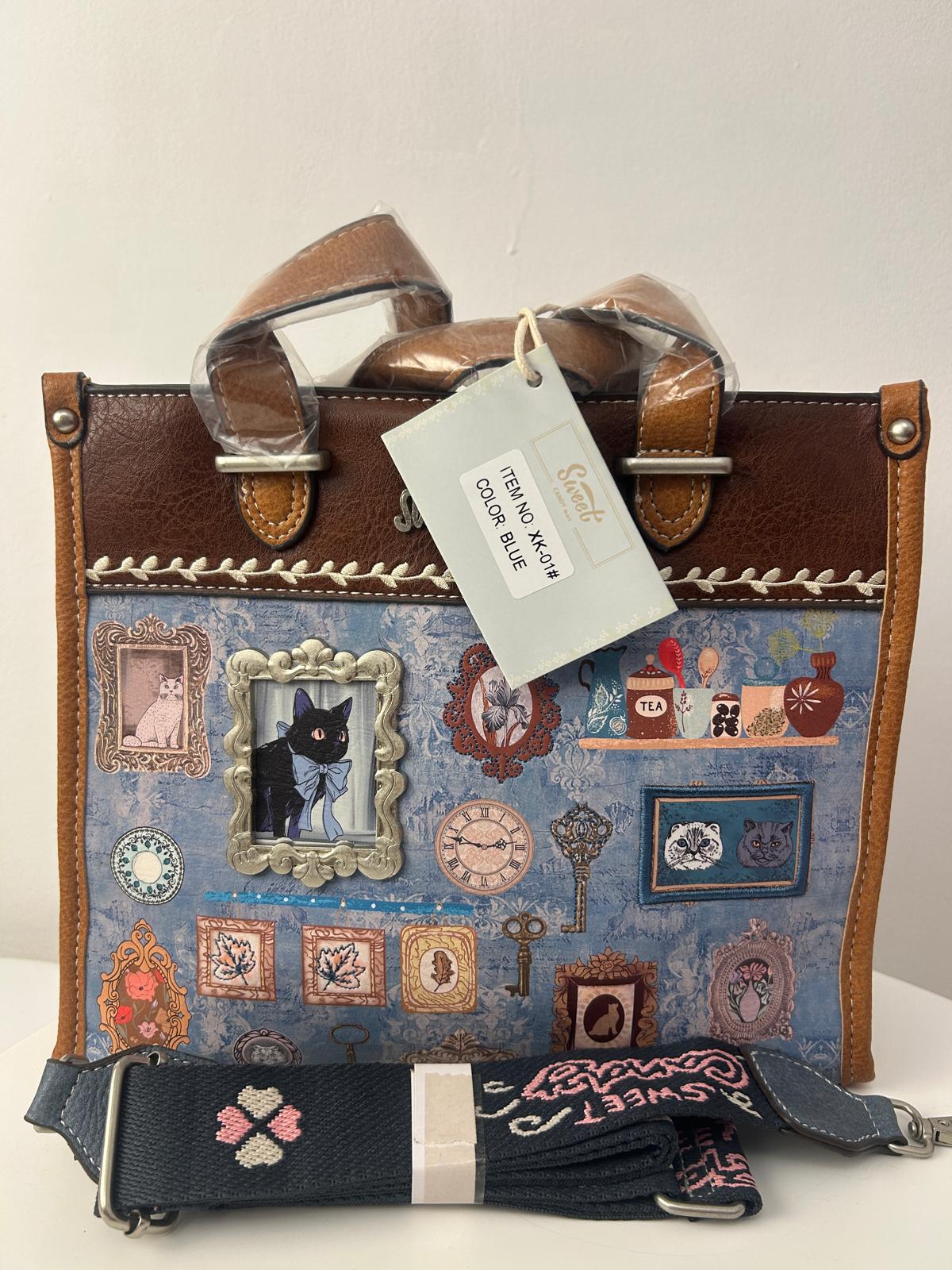 Geantă de cumpărături sintetică cu design dulce cu pisici bombonoase și buzunar la spate