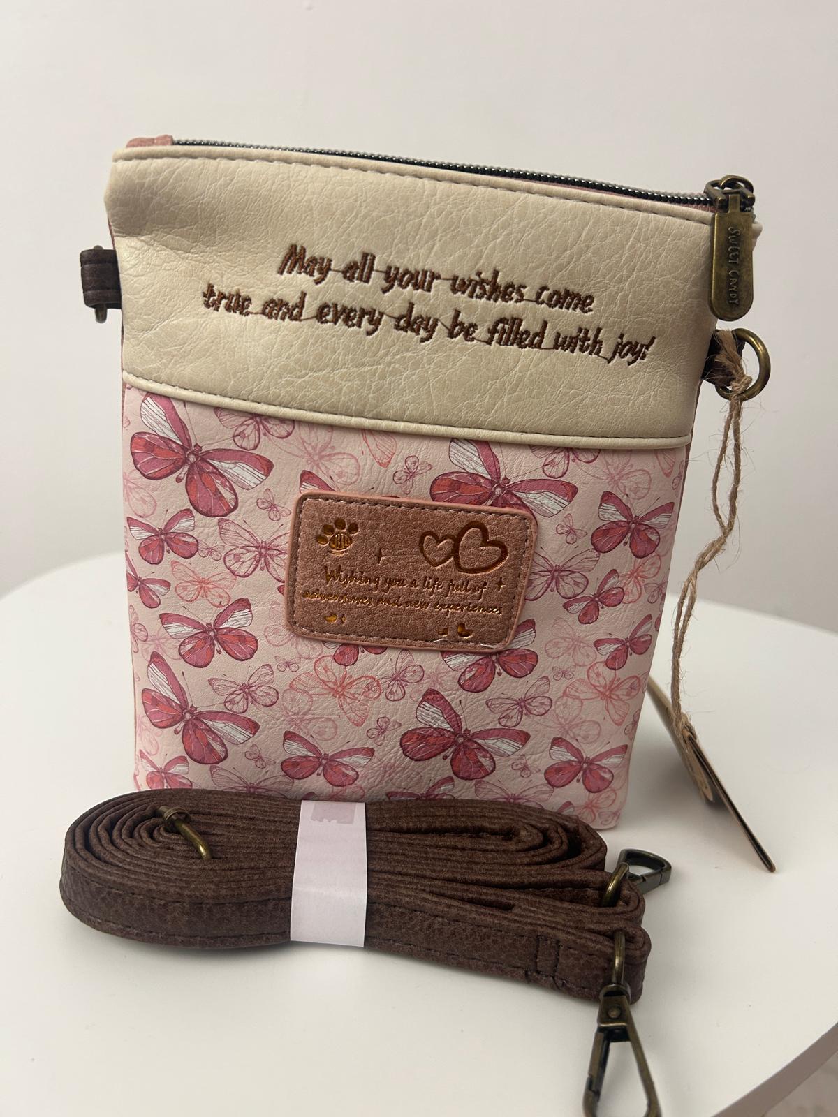 Geantă crossbody pentru femei cu design de sweet candy și 2 buzunare frontale cu fermoar