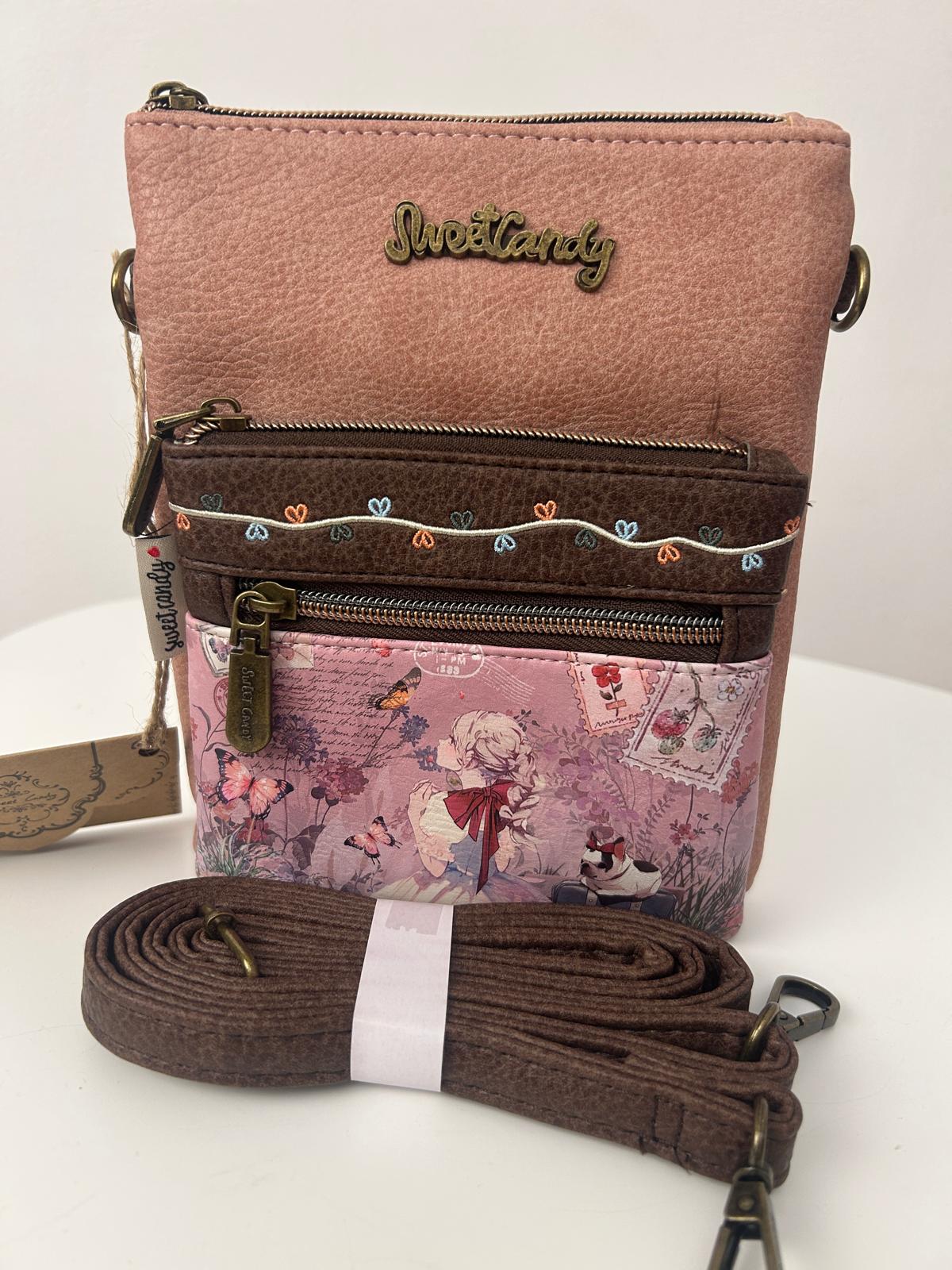 Geantă crossbody pentru femei cu design de sweet candy și 2 buzunare frontale cu fermoar