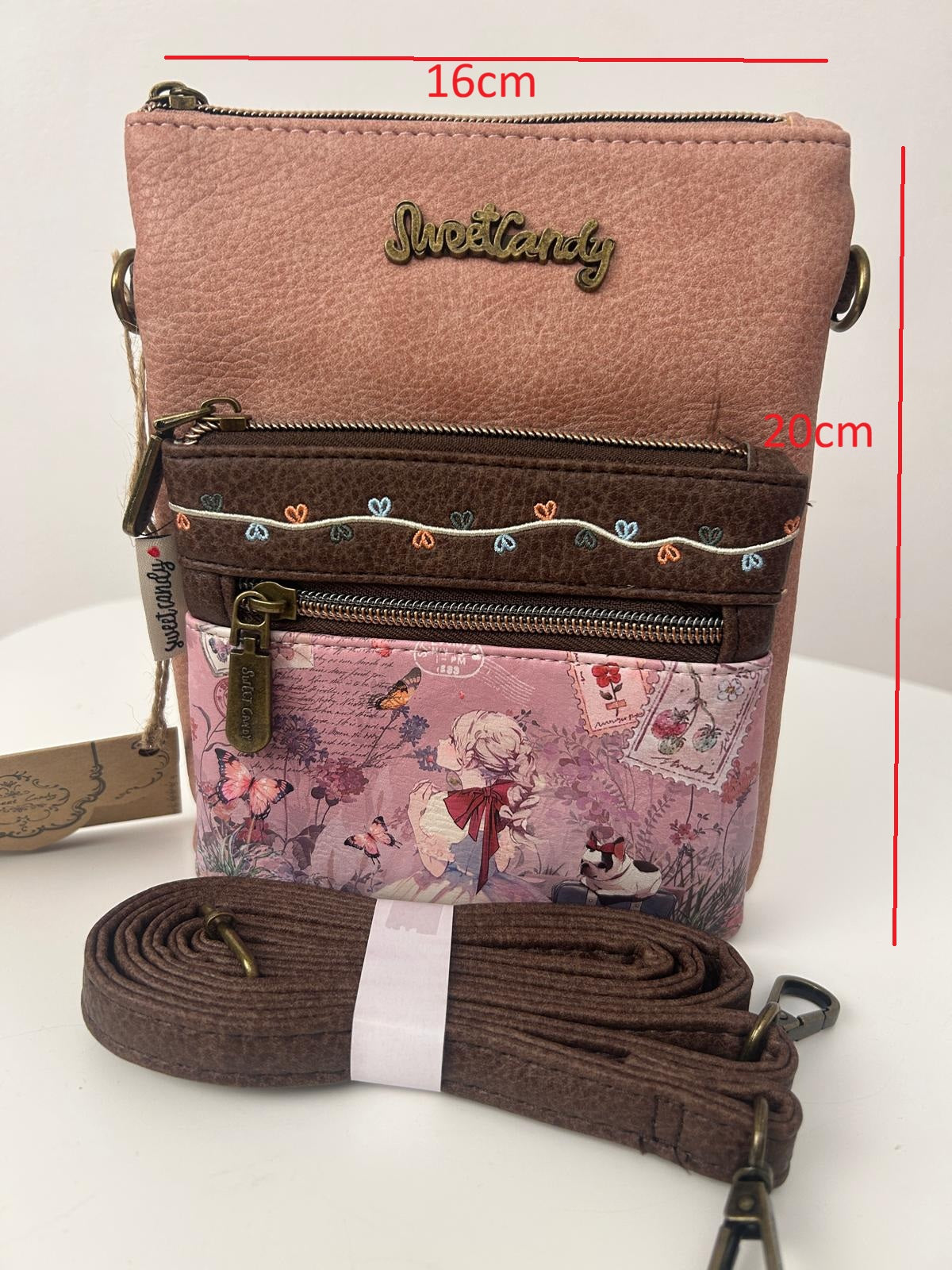 Geantă crossbody pentru femei cu design de sweet candy și 2 buzunare frontale cu fermoar
