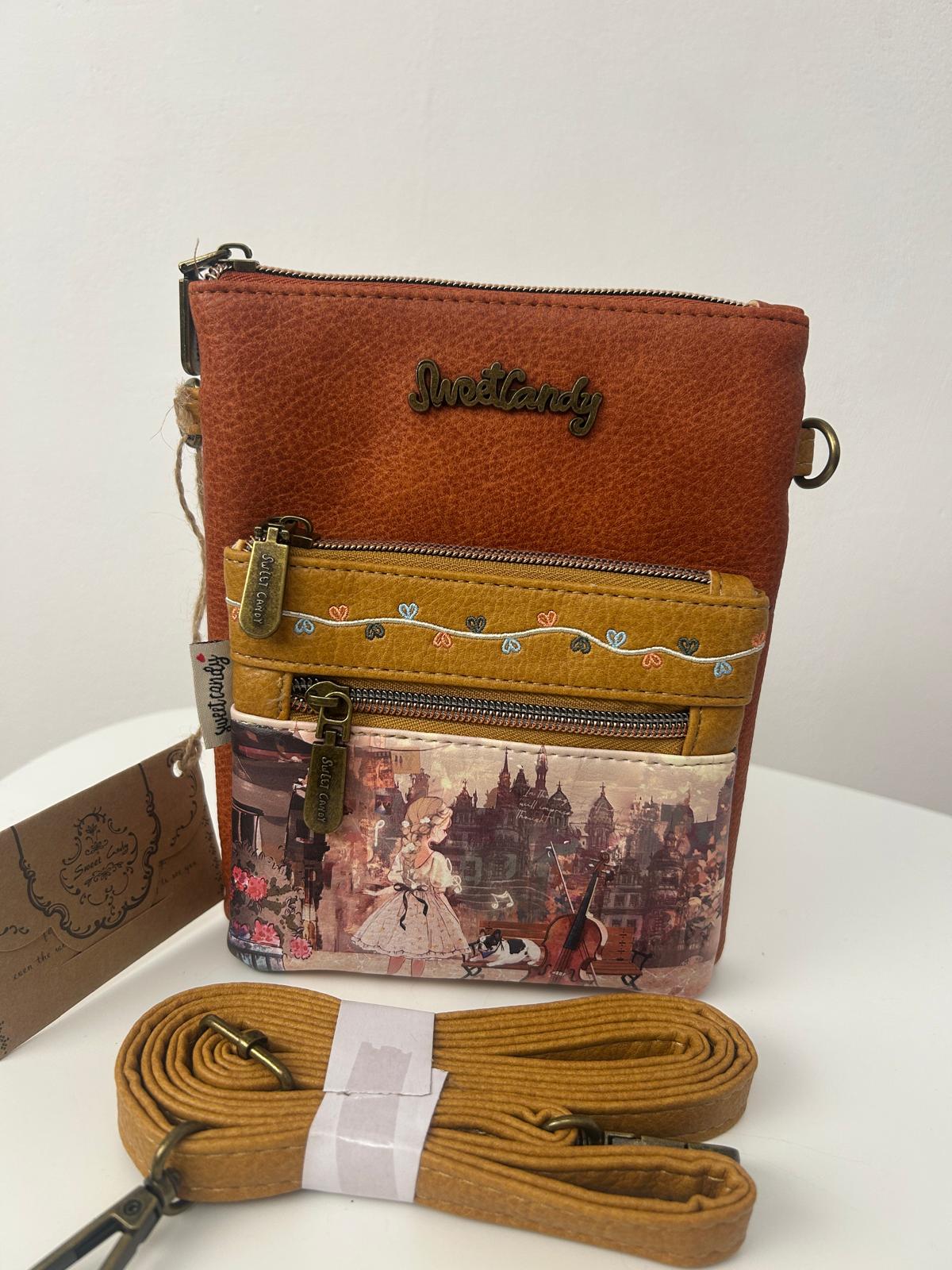 Geantă crossbody pentru femei cu design de sweet candy și 2 buzunare frontale cu fermoar