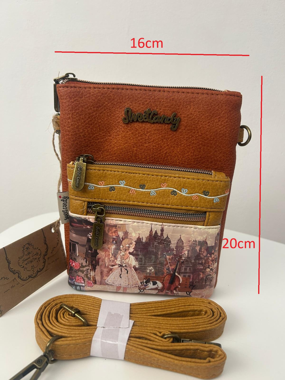 Geantă crossbody pentru femei cu design de sweet candy și 2 buzunare frontale cu fermoar