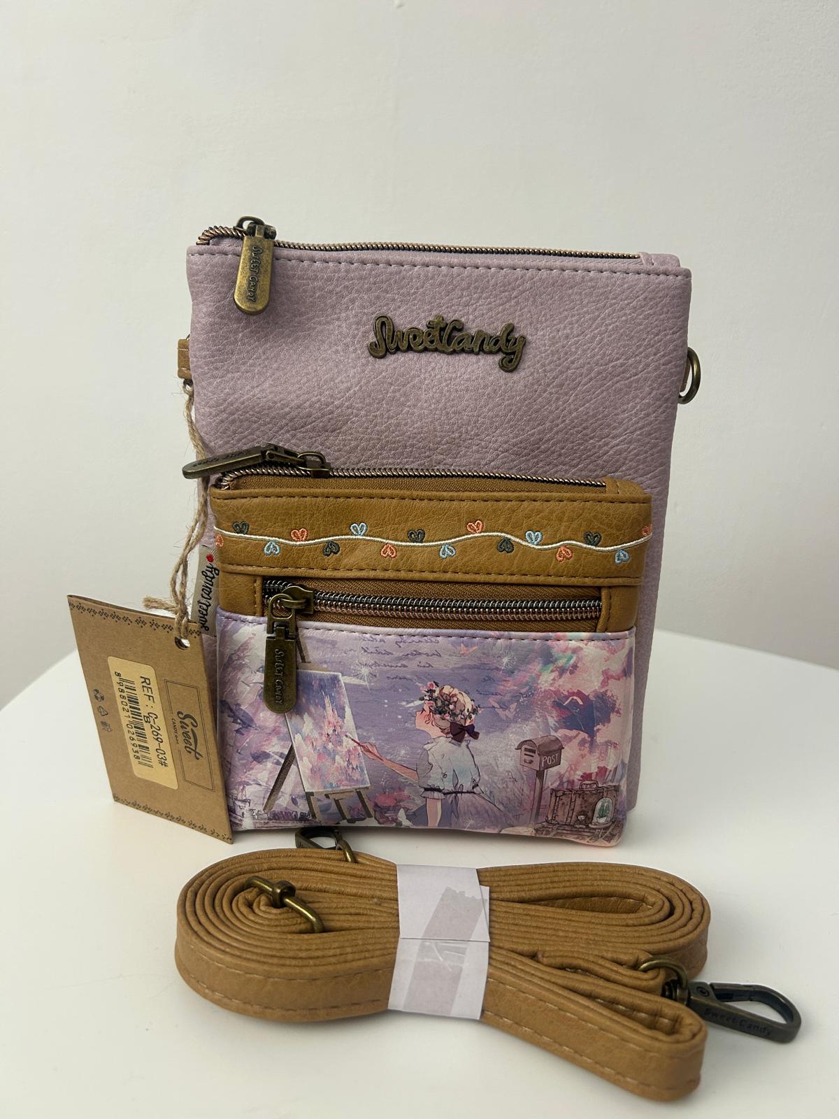 Geantă crossbody pentru femei cu design de sweet candy și 2 buzunare frontale cu fermoar
