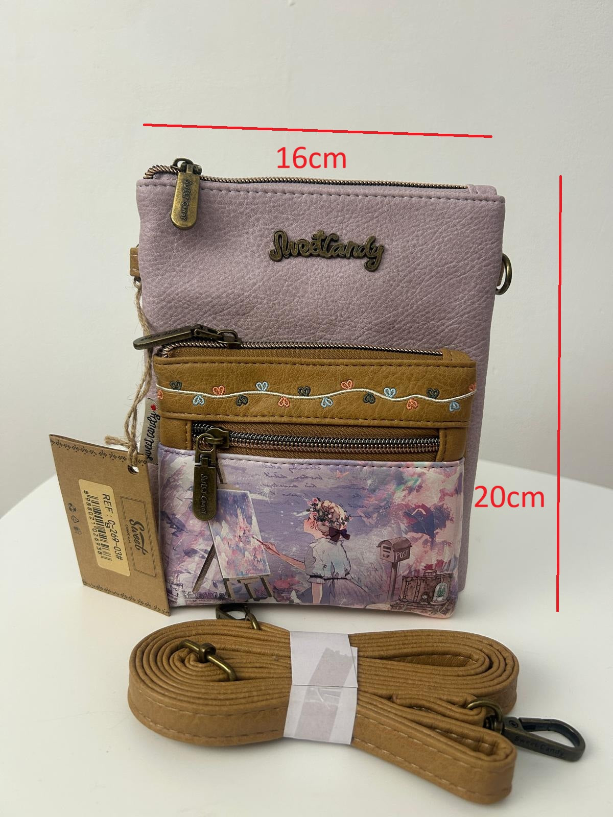 Geantă crossbody pentru femei cu design de sweet candy și 2 buzunare frontale cu fermoar