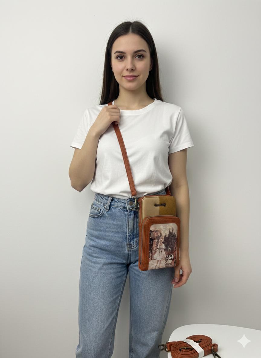Geantă de mână pentru telefon mobil, cu sweet candy păpușă și buzunar transparent la spate