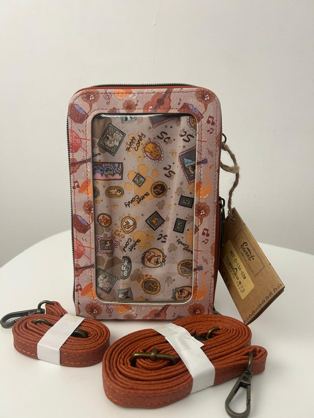 Geantă de mână pentru telefon mobil, cu sweet candy păpușă și buzunar transparent la spate