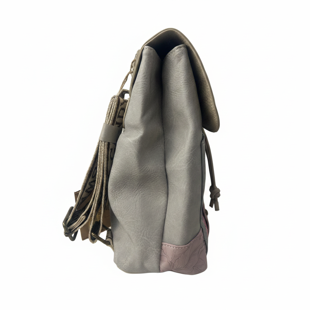 Flap backpack side view white background clean product shot