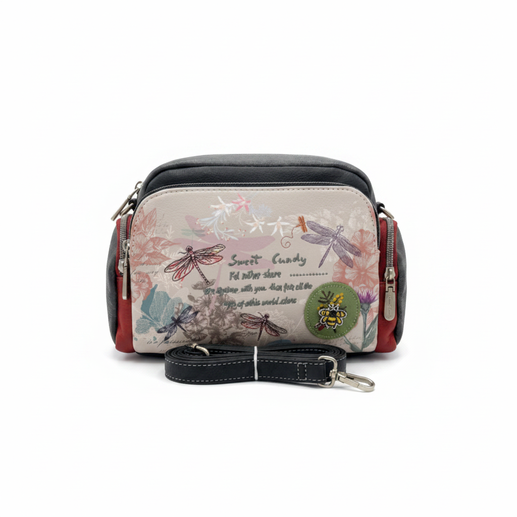 Navy red dragonfly crossbody bag white background clean product shot