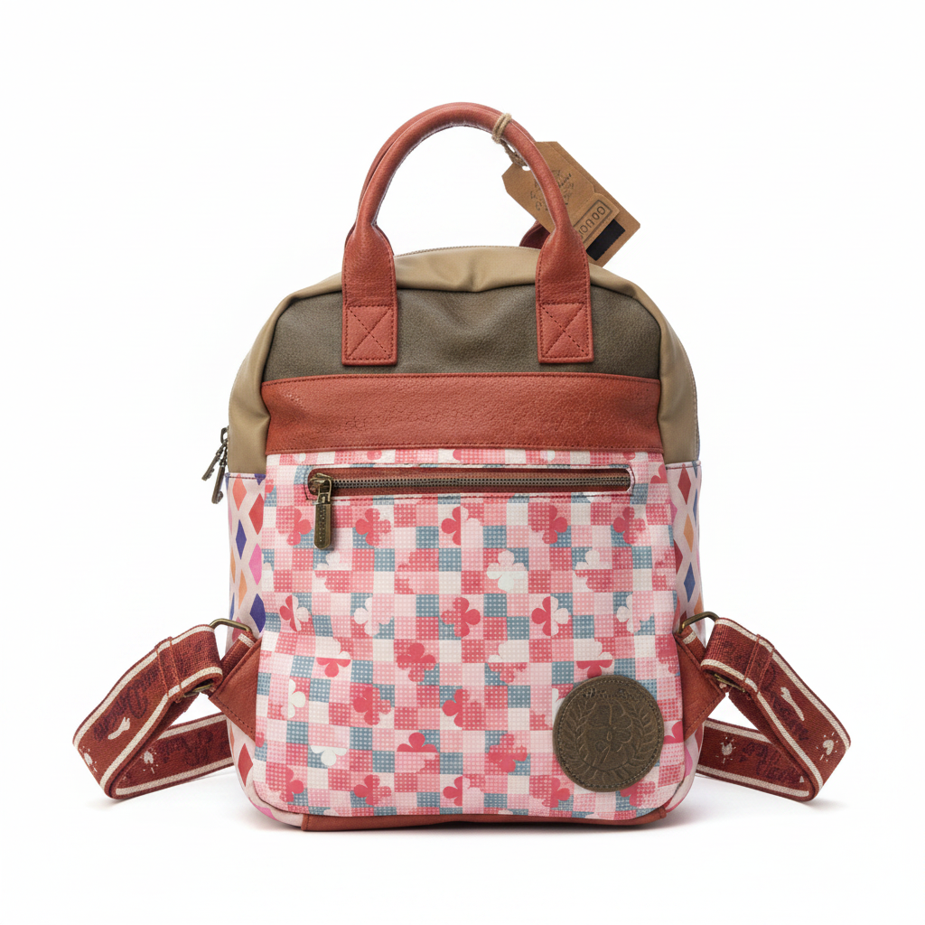 Pink heart backpack white background clean product shot