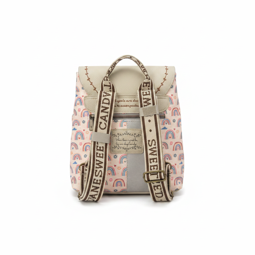 Flap backpack back view with straps white background