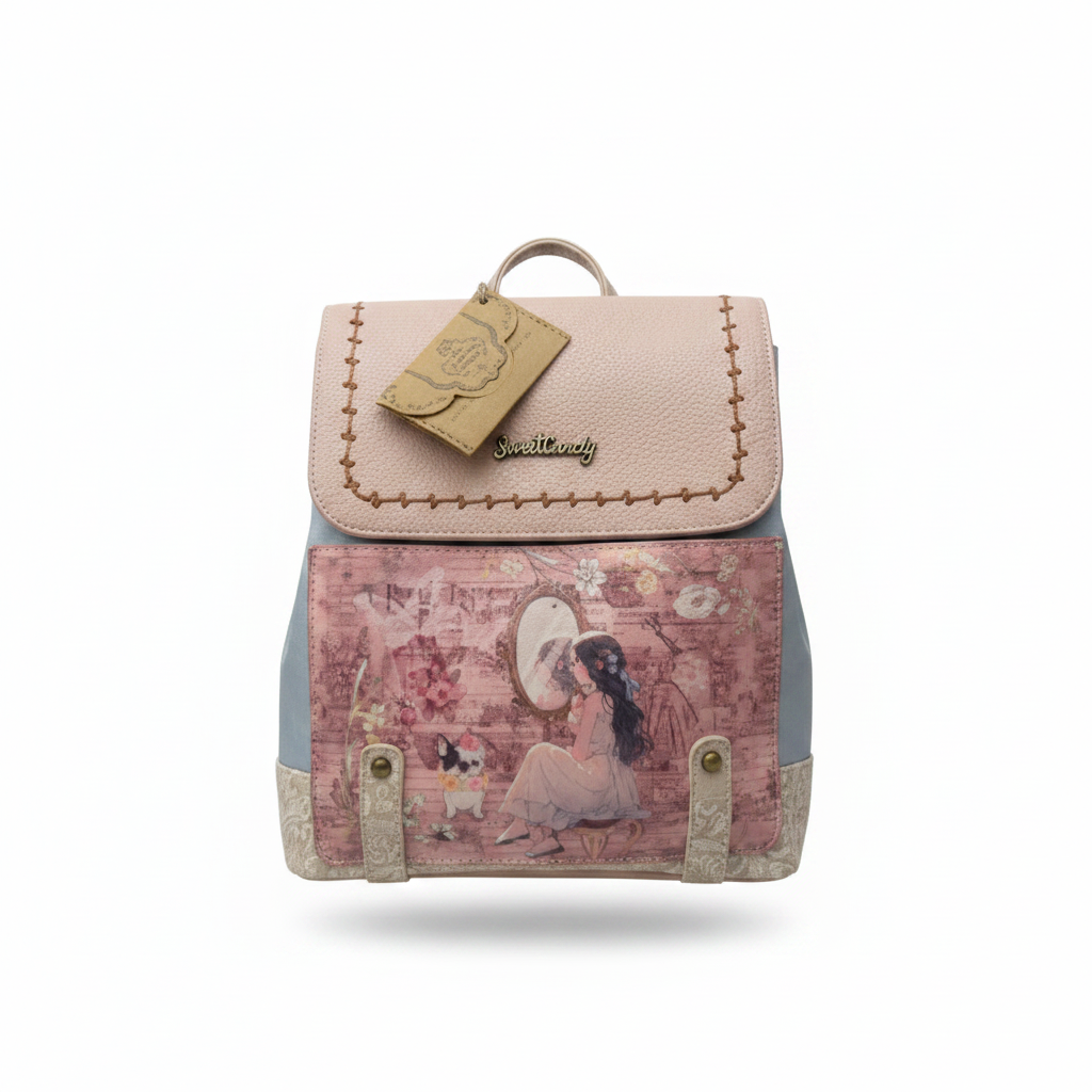 Pink flap backpack white background clean product shot